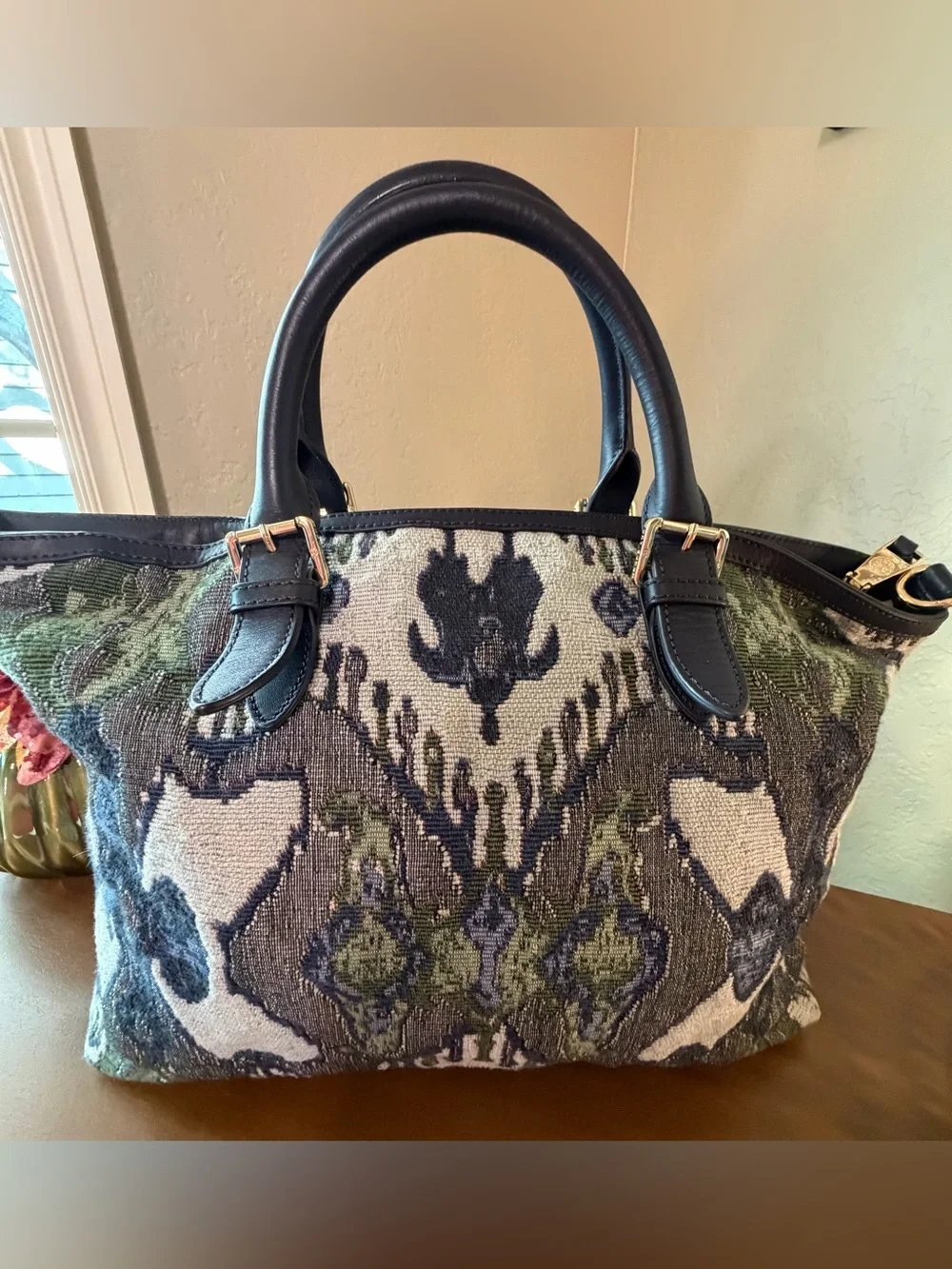 Tory Burch Olive Green, Navy and Cream Tapestry Tote with Dust Bag & long strap